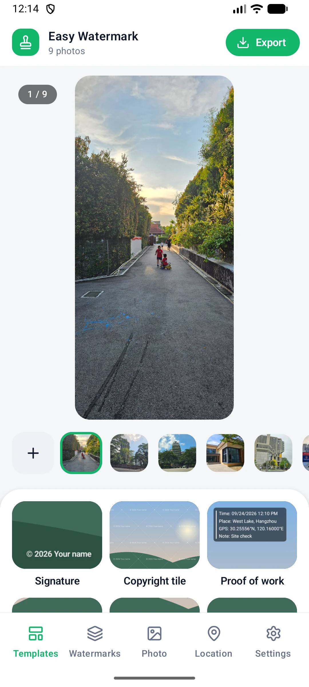 Home screen with photos added and a template watermark previewed