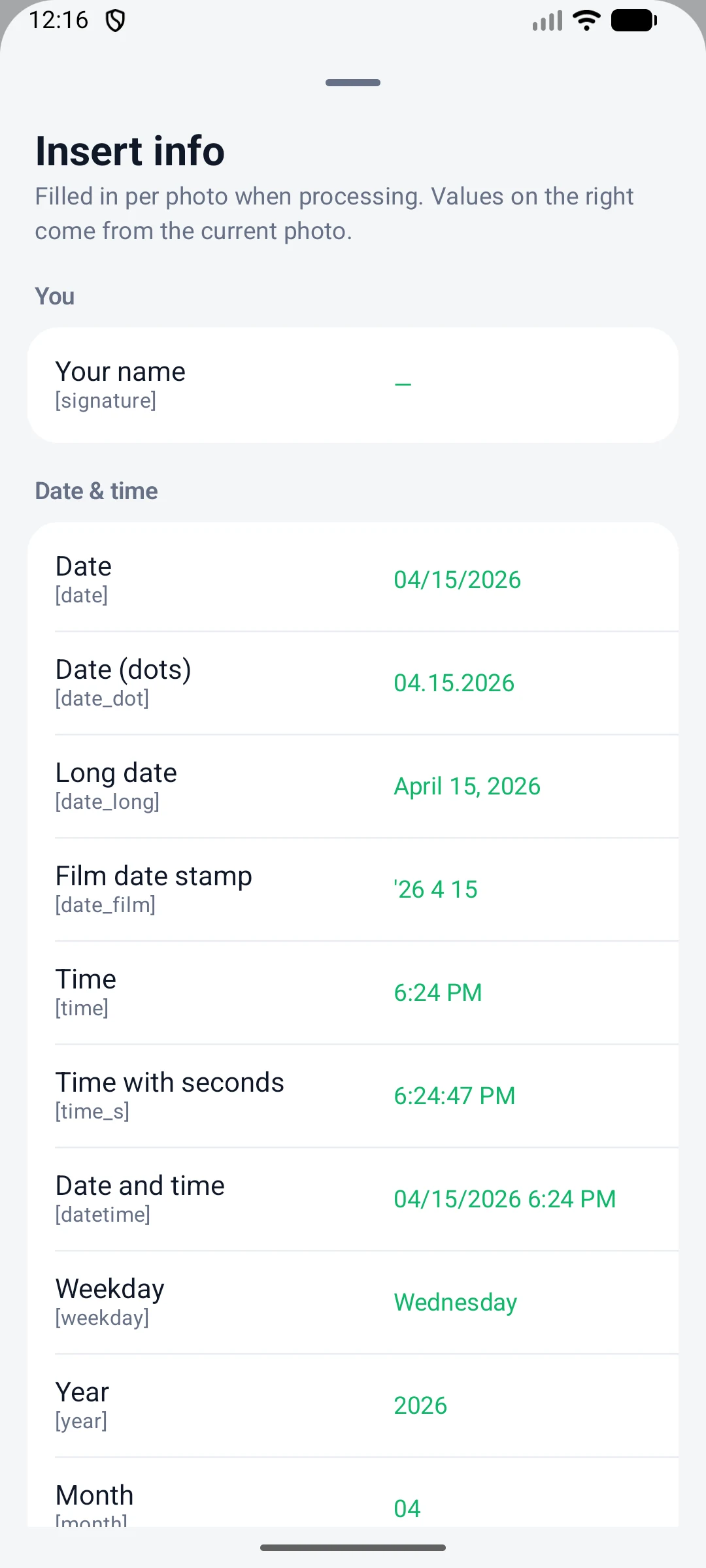 Insert info list with date, location, camera EXIF and file name fields