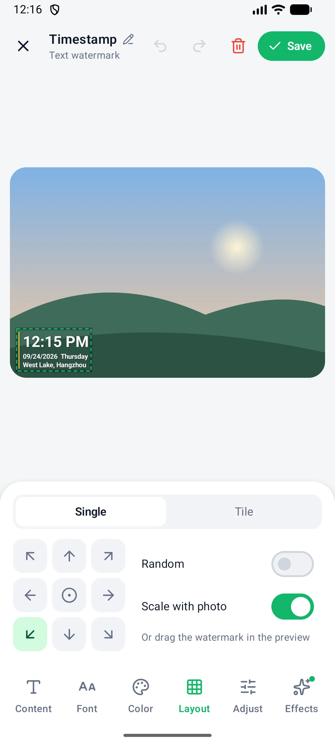 Layout tab with the 3 by 3 position grid, Random and Scale with photo options