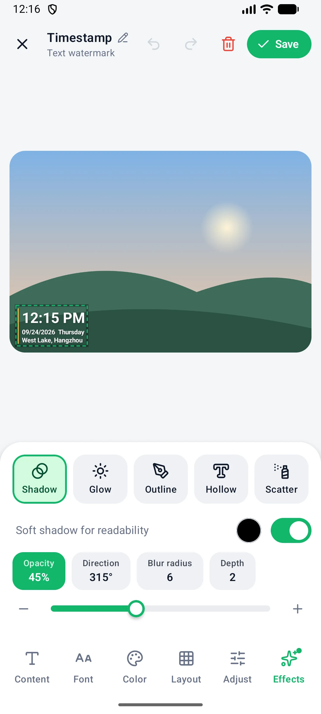 Effects tab with shadow, glow, outline, hollow and scatter