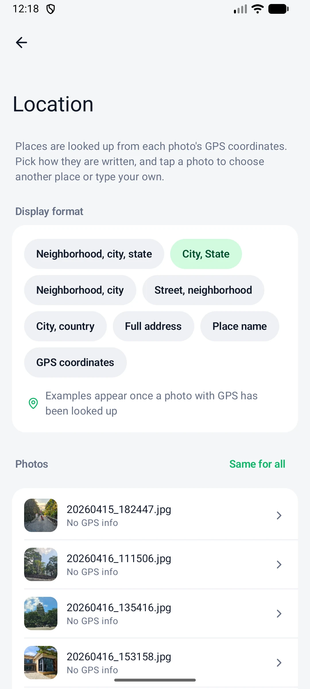 Location screen listing the place for each photo