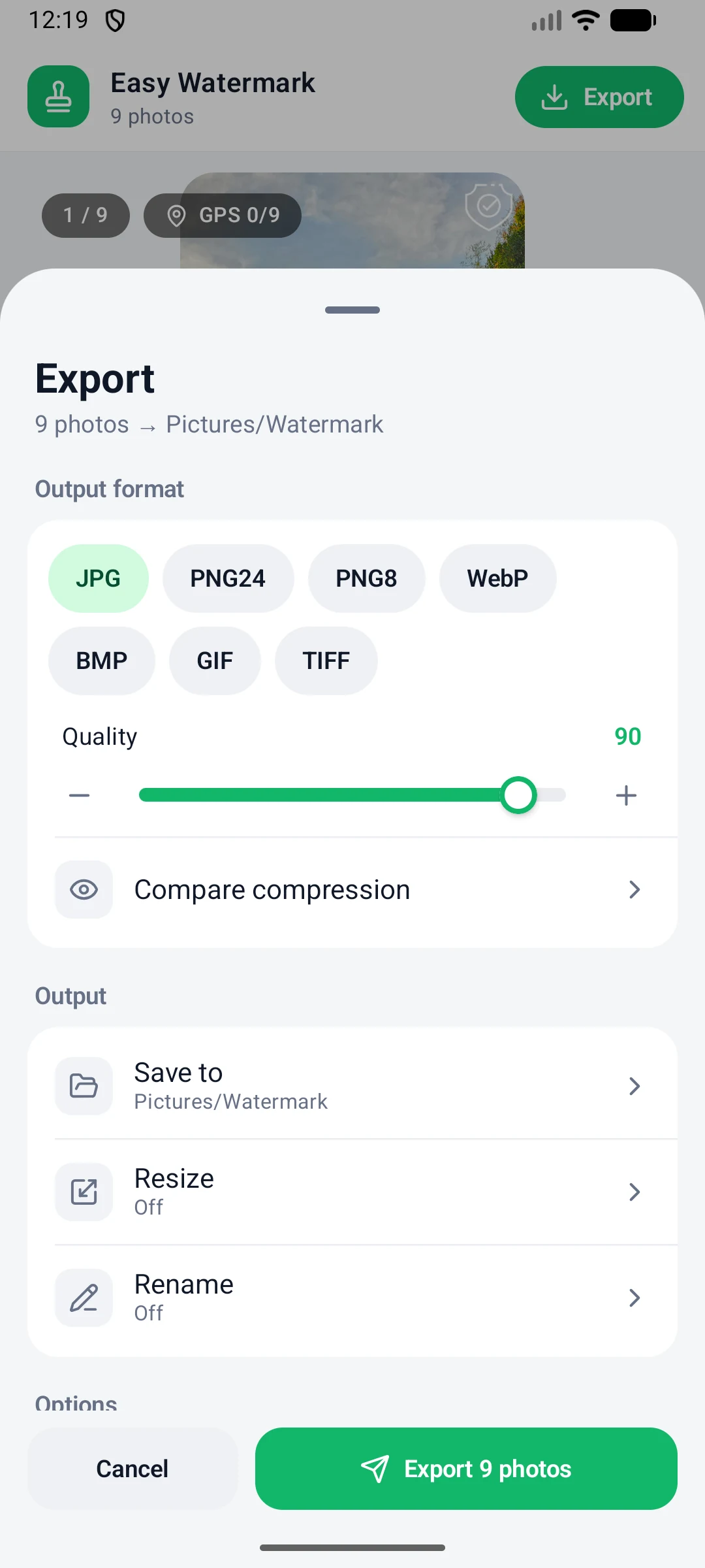Export settings with output format, quality and save location