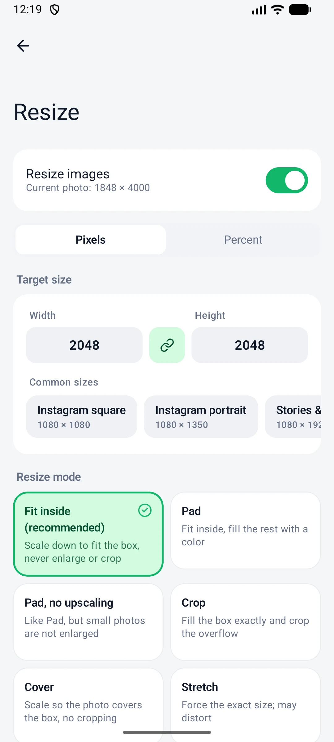 Resize screen with pixel and percent modes and common sizes