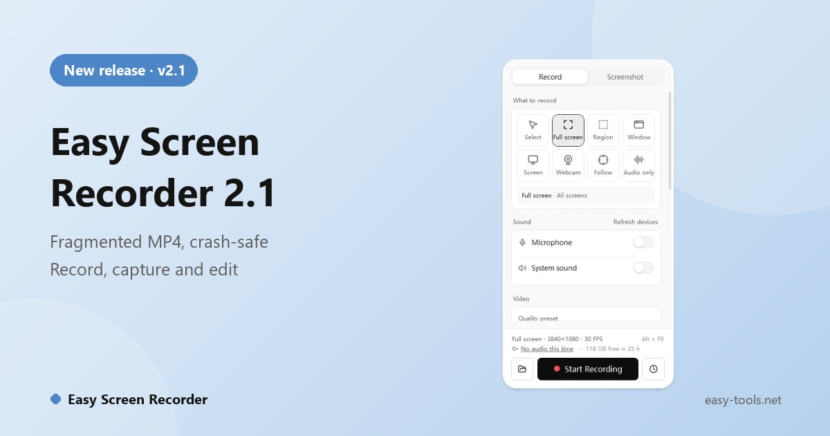 Easy Screen Recorder 2.1: Crash-Safe Recordings, Clean Multi-Monitor Capture, One Window