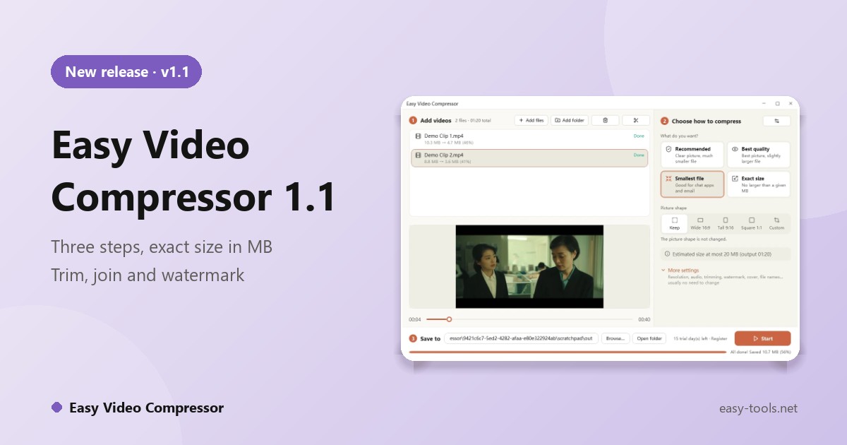Easy Video Compressor 1.1: Turn Big Videos into Small, Web-Friendly MP4s