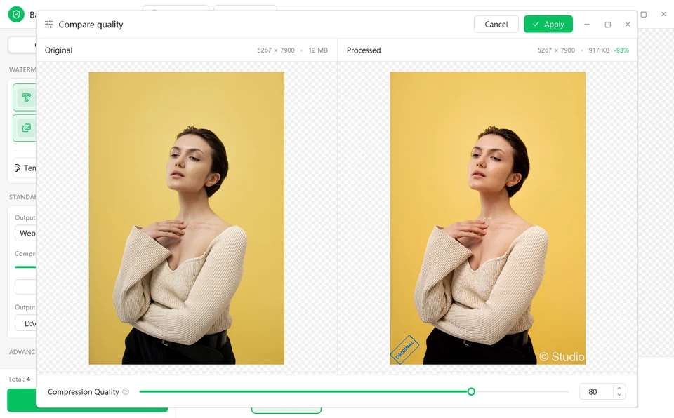 Compare quality window: the 12 MB original next to the processed WebP at 917 KB (-93%), with a quality slider below