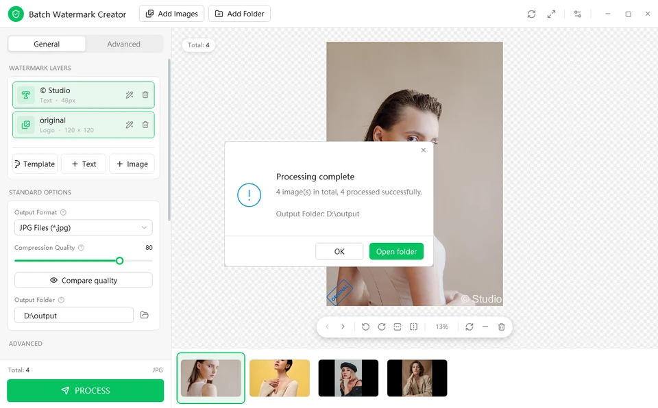 Processing complete message: 4 images processed successfully, with an Open folder button