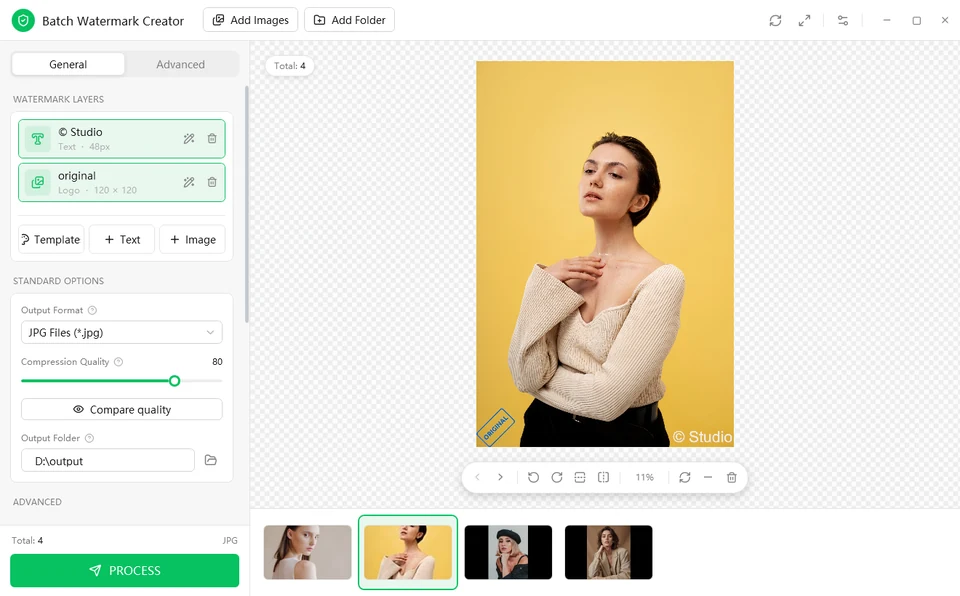 A text layer reading "© Studio" and an image layer with an ORIGINAL stamp, both applied to one photo