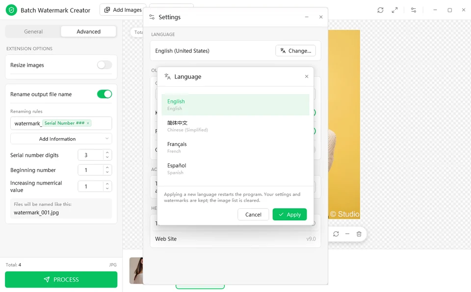 Language window listing English, Simplified Chinese, French and Spanish