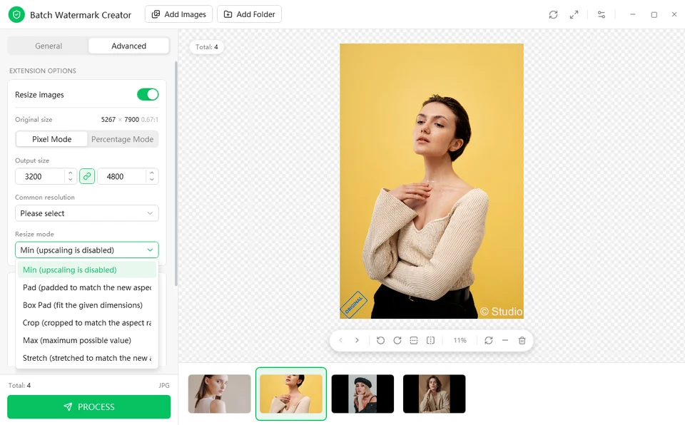 Advanced tab: Resize images in Pixel Mode and Percentage Mode, with the dropdown of six resize modes open