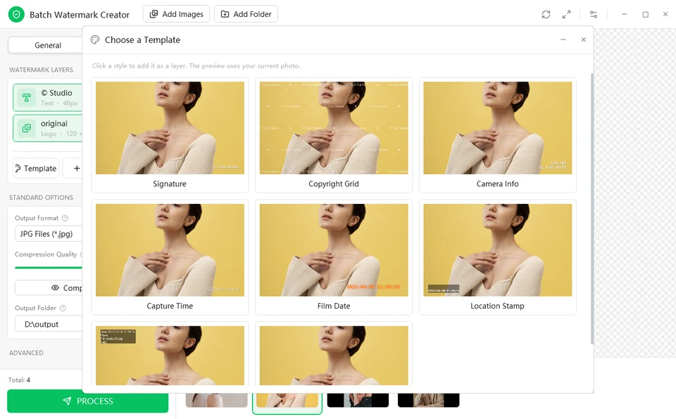 Choose a Template window: Signature, Copyright Grid, Camera Info, Capture Time, Film Date and Location Stamp