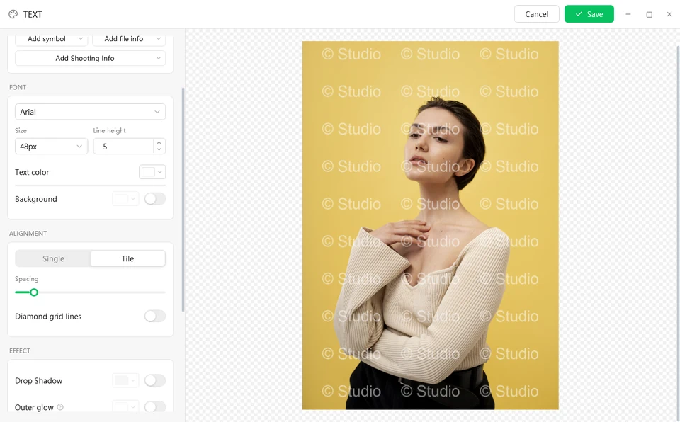 Text watermark editor in Tile mode, with the text "© Studio" repeated across the whole photo