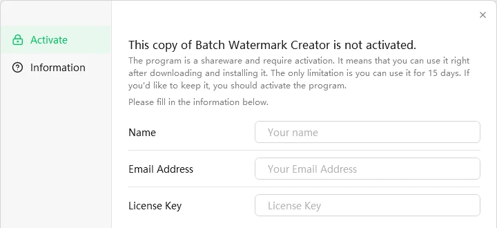 Batch Watermark Creator activation window with Name, Email Address and License Key fields