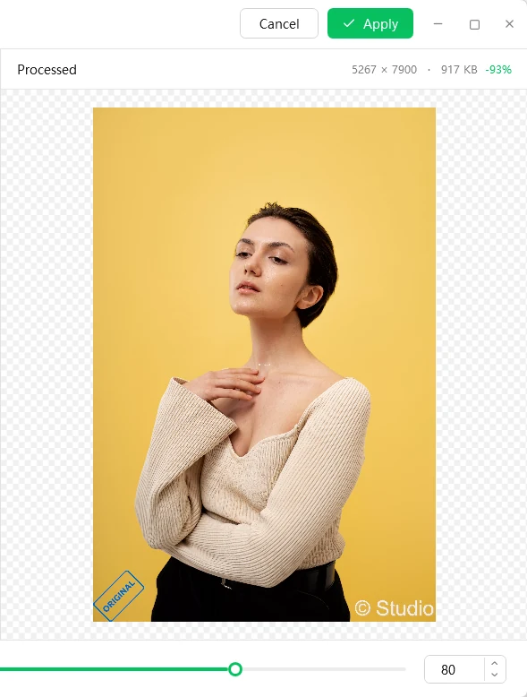 Compare quality window with the original photo on the left and the WebP result on the right, with sizes and percentage change