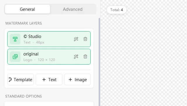 Watermark Layers list showing a text layer and a logo layer, with the Template, Text and Image buttons below