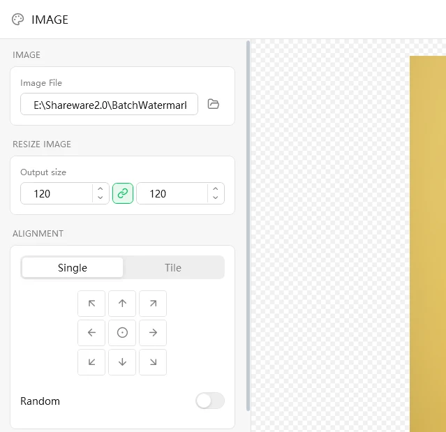Image watermark editor with the image file path, locked output size and the alignment grid