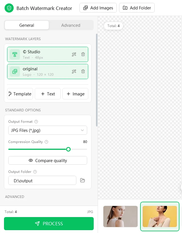Main window with four images imported, a text and a logo watermark layer, and the canvas preview