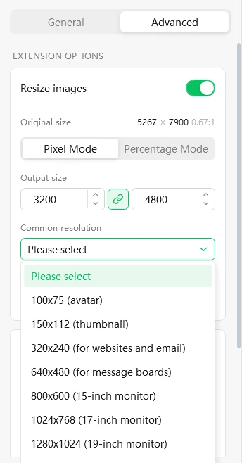 Resize images options with the list of common resolutions