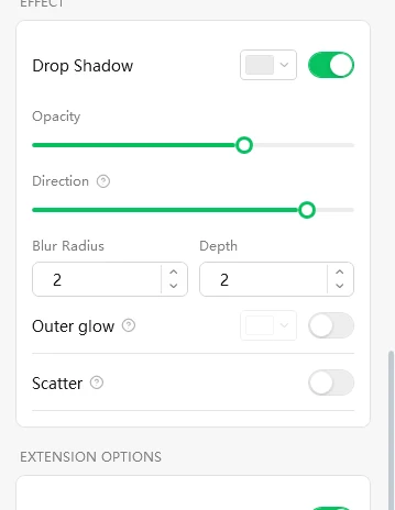 Effect section of the editor with Drop Shadow switched on and its opacity, direction, blur radius and depth settings