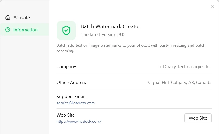 Information page showing the program name, version number, support email and website