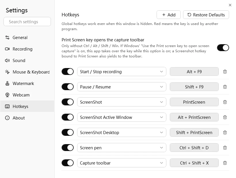 Hotkeys settings page; a red key means another program is using the combination