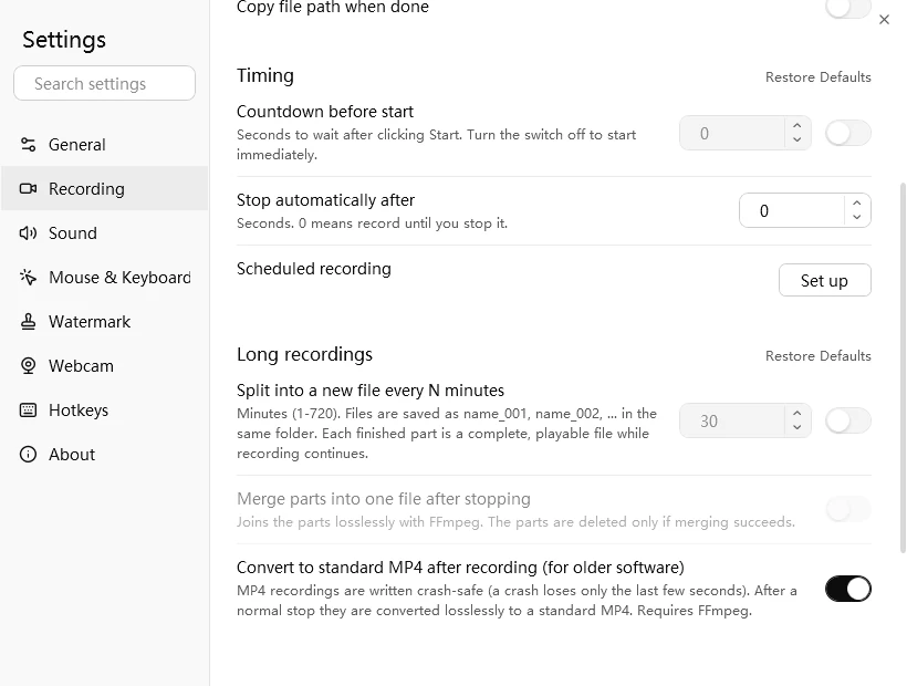 Recording settings: split into a new file every N minutes, merge parts after stopping, convert to standard MP4