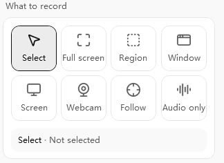 Easy Screen Recorder capture scope tiles: Select, Full screen, Region, Window, Screen, Webcam, Follow and Audio only