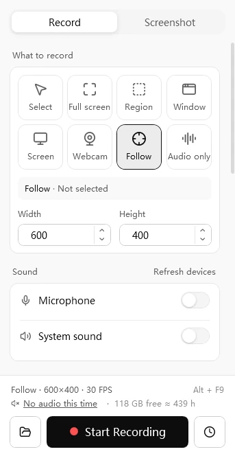 Easy Screen Recorder follow-the-mouse scope with an adjustable width and height