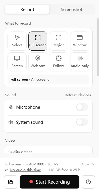 Easy Screen Recorder main window: seven capture scopes, sound switches and the Start Recording button