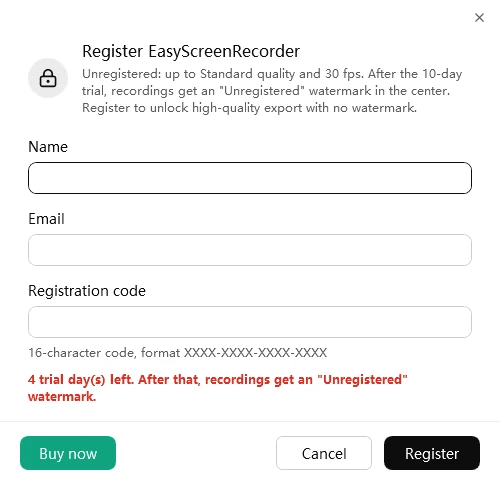 Easy Screen Recorder registration dialog with Name, Email, registration code and the remaining trial days