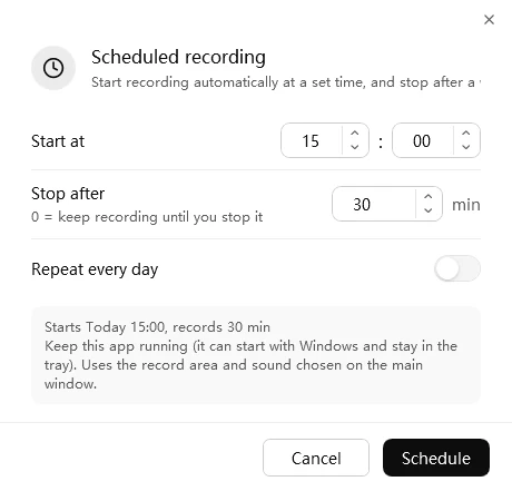 Easy Screen Recorder scheduled recording dialog with start time, length and Repeat every day