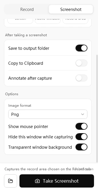 Easy Screen Recorder screenshot options: image format, show mouse pointer, hide this window while capturing, transparent window background