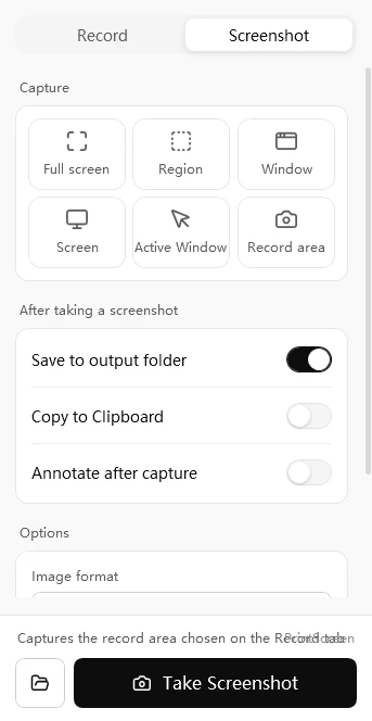 Easy Screen Recorder Screenshot tab: full screen, region, window, single display and current window