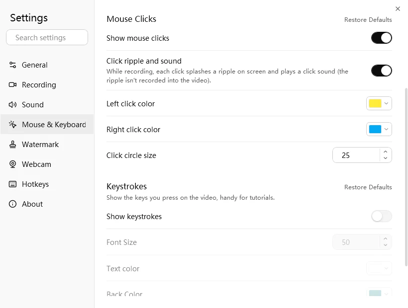 Easy Screen Recorder Mouse and Keyboard settings: pointer highlight, click effects and keystroke display