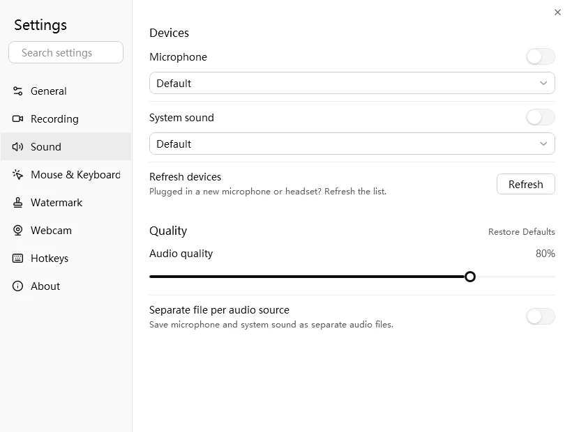 Easy Screen Recorder Sound settings: microphone and system sound devices, audio quality and saving each source separately
