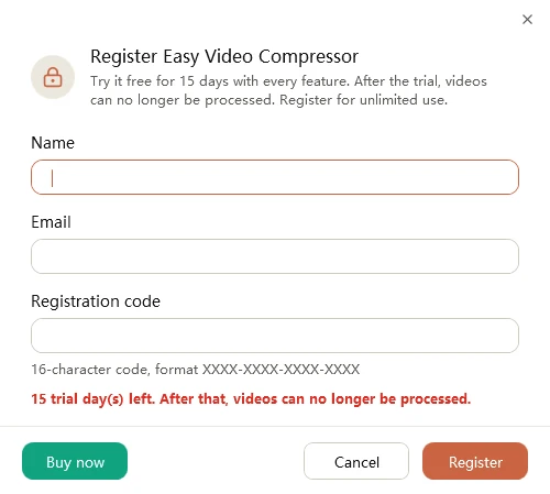 Easy Video Compressor registration window with Name, Email and Registration code fields