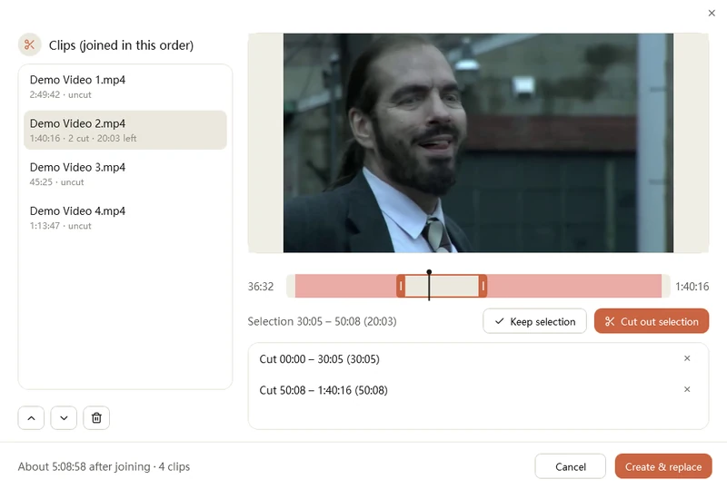 Easy Video Compressor Trim and join window: clip list on the left and a timeline with the cut sections in red, plus Keep selection and Cut out selection
