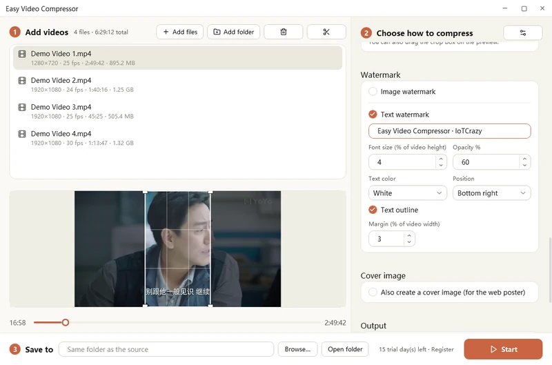 Easy Video Compressor Watermark settings: text watermark with font size, opacity, color, position and margin, and the option to also create a cover image