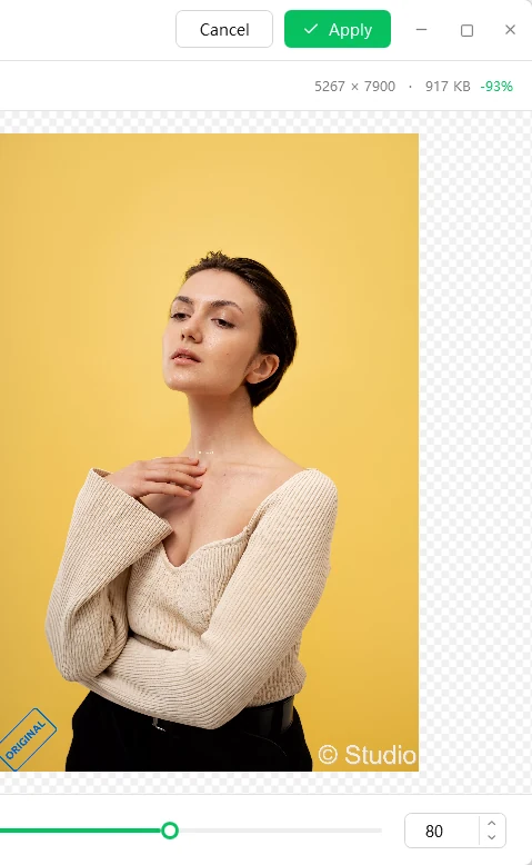 Compare quality window: the 12 MB original next to the processed WebP at 917 KB, minus 93 percent