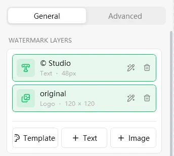 Watermark Layers panel showing a text layer and an image layer side by side