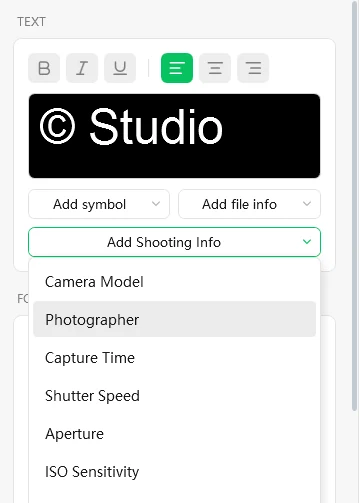 Text watermark editor with the Add Shooting Info menu open, listing camera model, photographer, capture time, shutter speed, aperture, ISO and shooting location