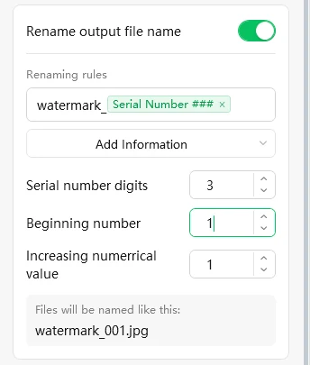 Rename output file name panel: renaming rule, serial number digits, beginning number and increasing value, with a live example file name