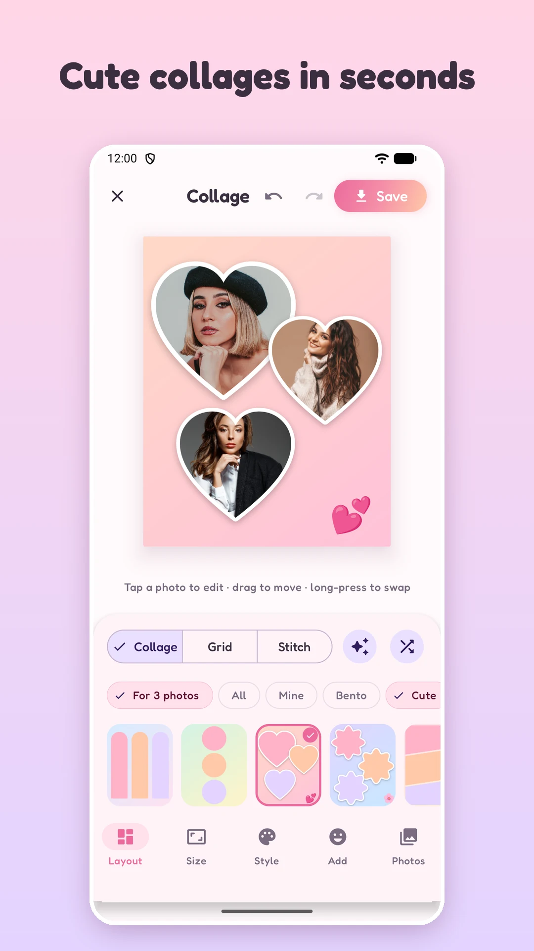 PicQuilt editor with three photos in a heart-shaped collage layout