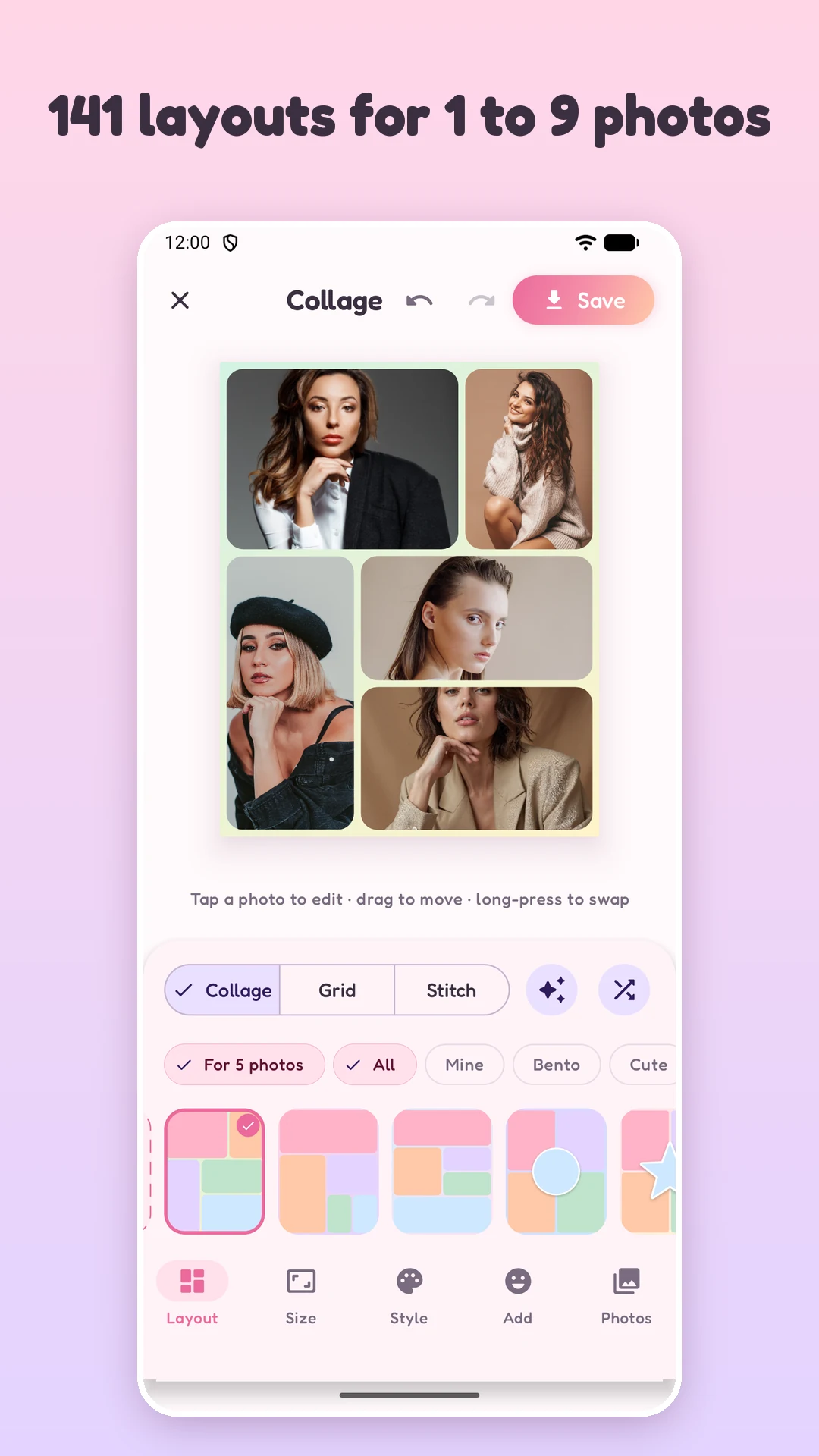 PicQuilt layout picker showing 141 layouts for one to nine photos