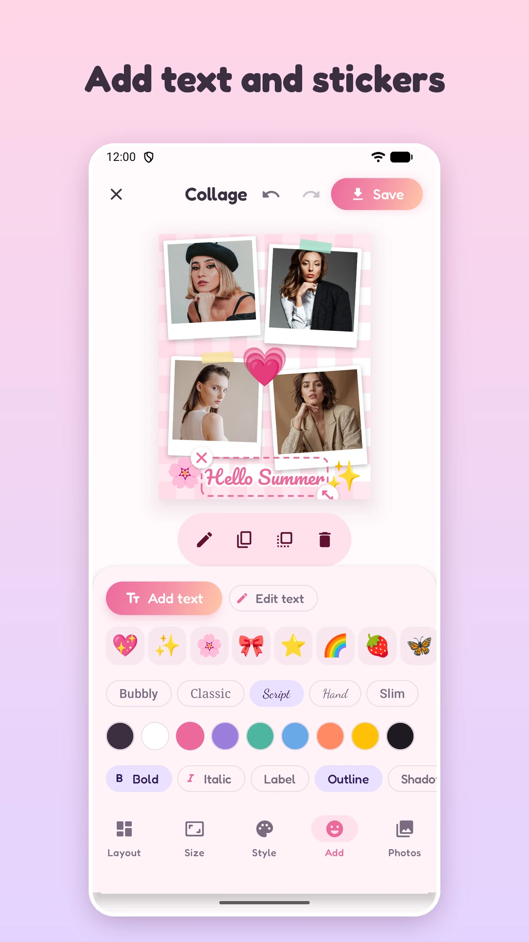 PicQuilt text and emoji sticker tools on a collage