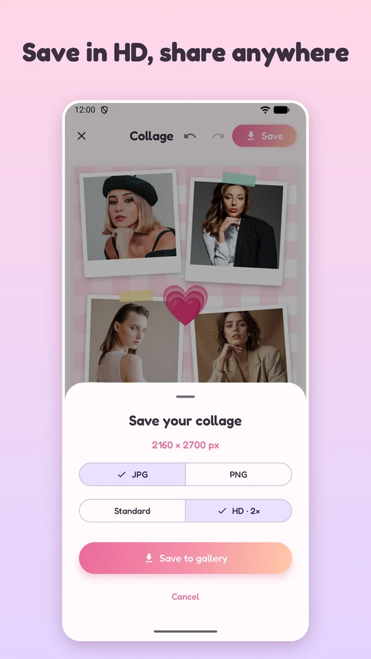 PicQuilt save sheet: choose JPG or PNG, Standard or HD 2x, then Save to gallery