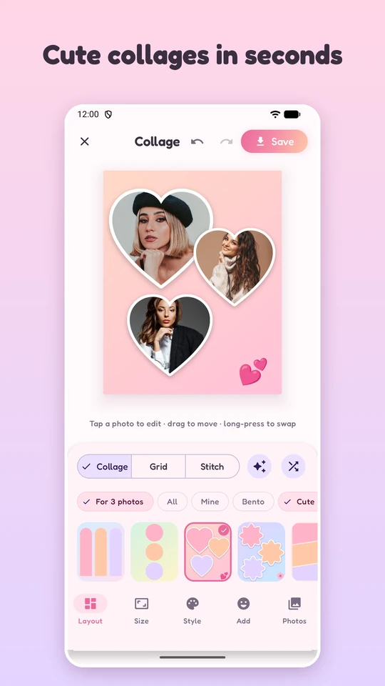 PicQuilt main screen: three photos in a heart-shaped collage layout, with Layout, Size, Style, Add and Photos tabs at the bottom