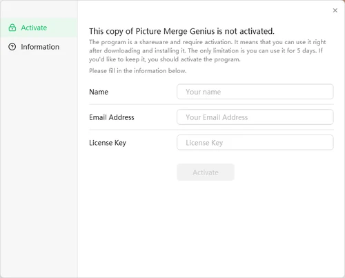 Picture Merge Genius activation window with Name, Email Address and License Key fields and an Activate button