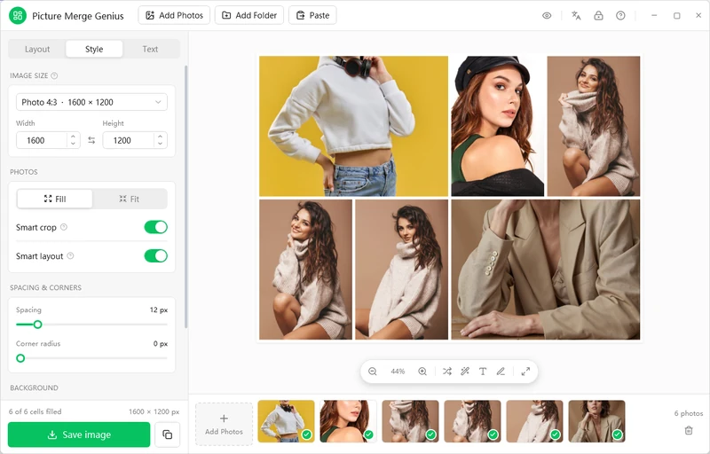 Picture Merge Genius Style tab: image size preset 1600 by 1200, Fill and Fit, Smart crop and Smart layout switches, spacing and corner radius sliders