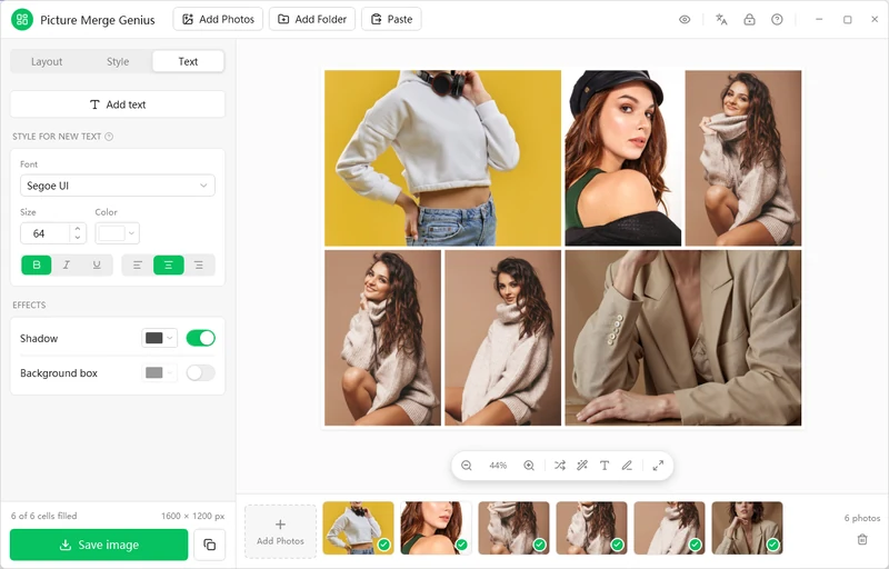 Picture Merge Genius Text tab: font, size and color, bold, italic and underline, alignment, shadow and background box